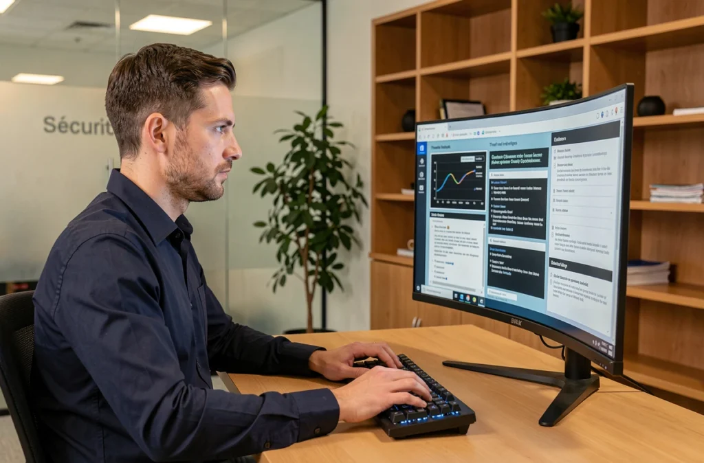 Expert en cybersécurité proactive de la société Acadir à Dijon analysant des rapports de menaces sur un écran incurvé