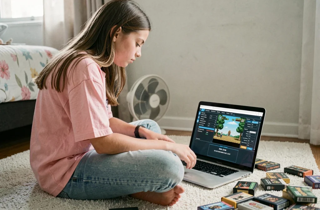 Adolescente configurant un émulateur Pokémon Platine sur ordinateur portable, paramètres ROM affichés pour un gameplay sans lag