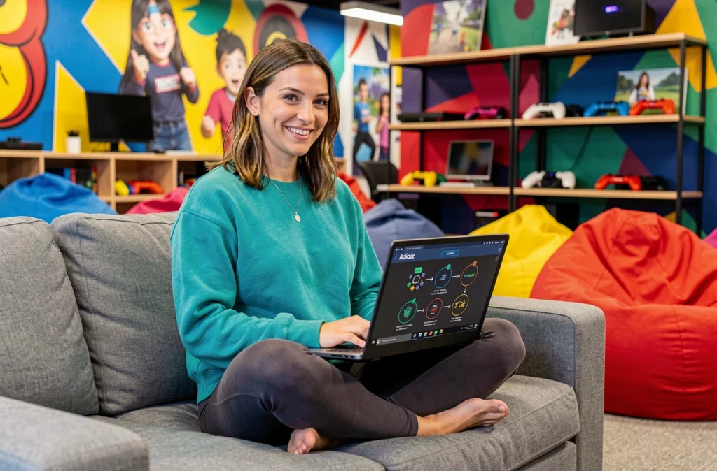 Spécialiste en gamification d'Adictiz travaillant sur une plateforme de marketing interactif dans leurs bureaux colorés