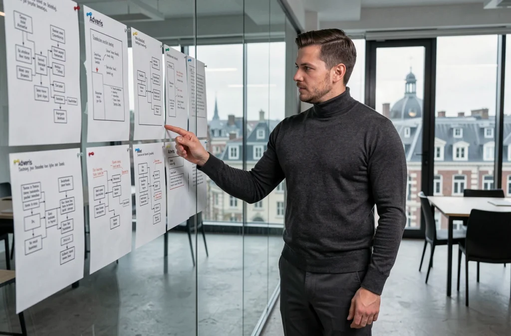 Designer UX d'Adveris analysant des cartes de parcours utilisateur sur un mur en verre dans leur studio à Lille