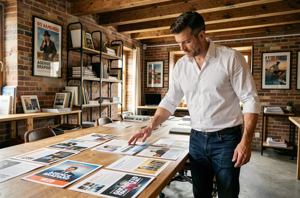 Directeur créatif de l'Agence Bradford examinant des maquettes de campagne imprimées dans leur studio au style industriel