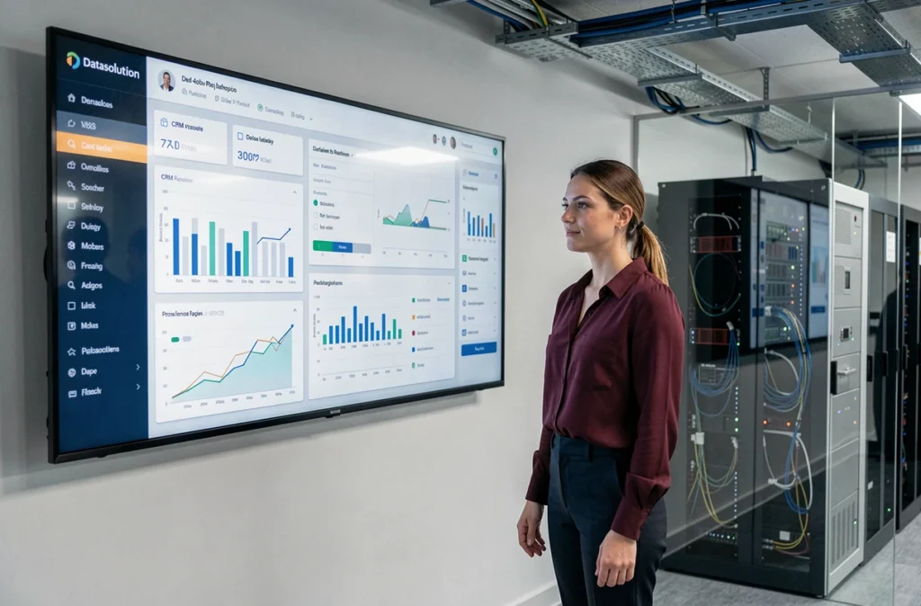 Analyste data de Datasolution devant un écran mural affichant des visualisations de données complexes dans leurs bureaux
