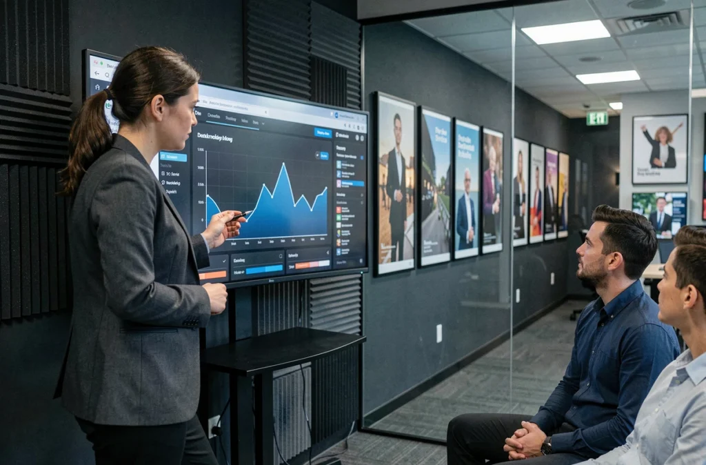 Stratège digitale de l'agence Denkimedia présentant un tableau de bord analytique à son équipe dans leurs bureaux