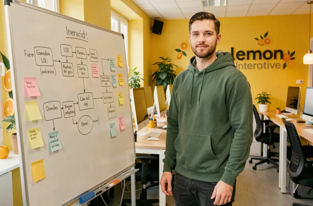 Développeur web de l'agence Lemon Interactive devant un tableau blanc avec des schémas UX dans leurs locaux