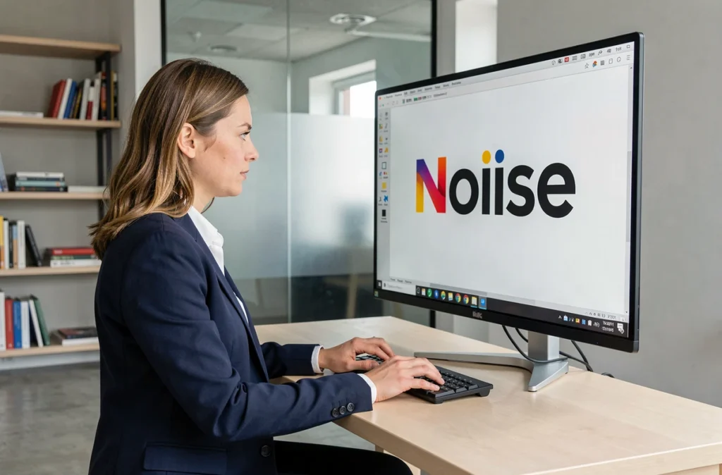 Professionnelle de l'agence Noiise travaillant sur un projet de branding digital dans un studio moderne à Lille
