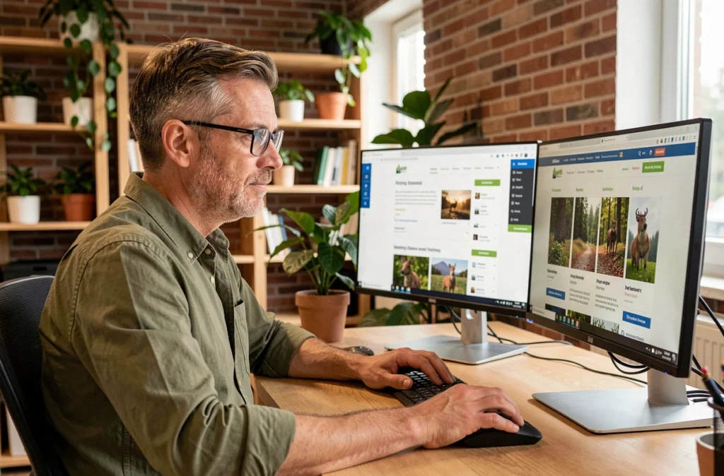 Chef de projet de l'agence Wapiti travaillant sur une plateforme e-commerce à son poste de travail double écran