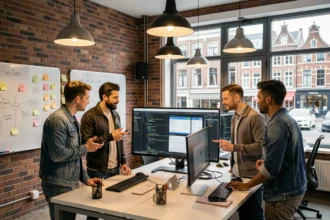 Équipe d'une agence de développement web dans les Hauts-de-France travaillant ensemble dans un open-space moderne