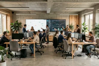 Équipe de professionnels collaborant dans un bureau tech moderne en Centre-Val de Loire autour de tableaux de bord d'intelligence artificielle