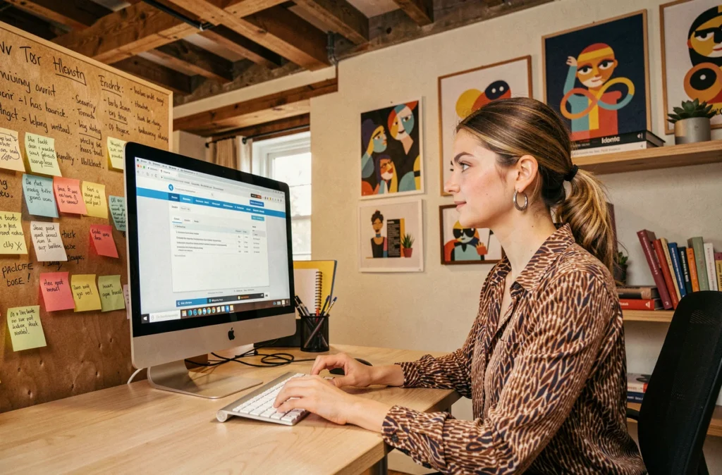 Professionnelle d'Anaveo en agence numérique consultant un audit de cybersécurité web sur son écran de studio