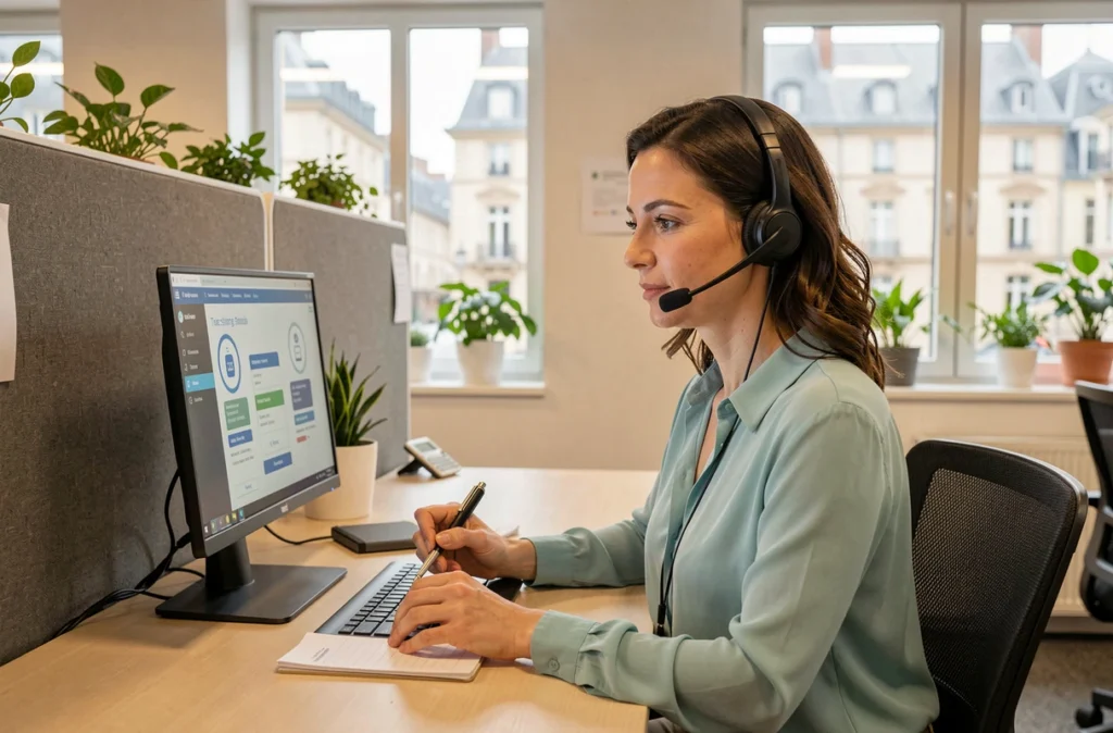 Conseillère d'Apizee à Tours utilisant une interface d'IA conversationnelle avec un casque audio dans un centre client