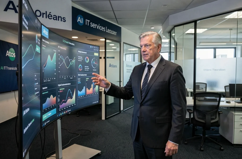 Dirigeant d'Atos à Orléans présentant des indicateurs de transformation numérique et d'IA sur un grand écran panoramique
