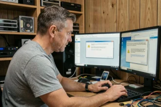 Homme concentré face à des erreurs de pilotes sur Windows Device Manager après une mise à jour système