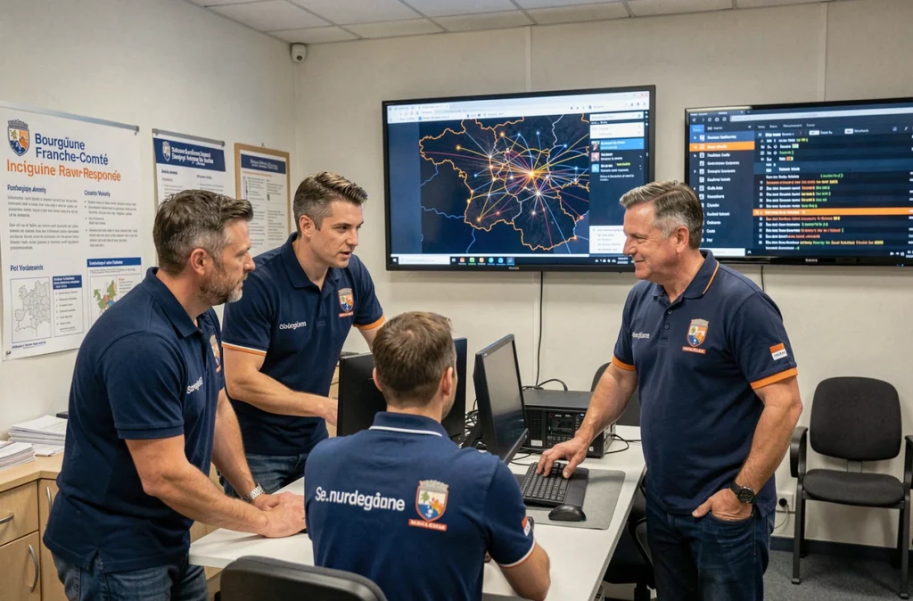 Équipe du CSIRT-BFC coordonnant la réponse à un incident cybersécurité régional depuis leur centre opérationnel en Bourgogne-Franche-Comté