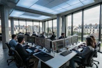 Salle d'opérations cybersécurité moderne en Bourgogne-Franche-Comté avec des analystes devant des écrans de surveillance réseau