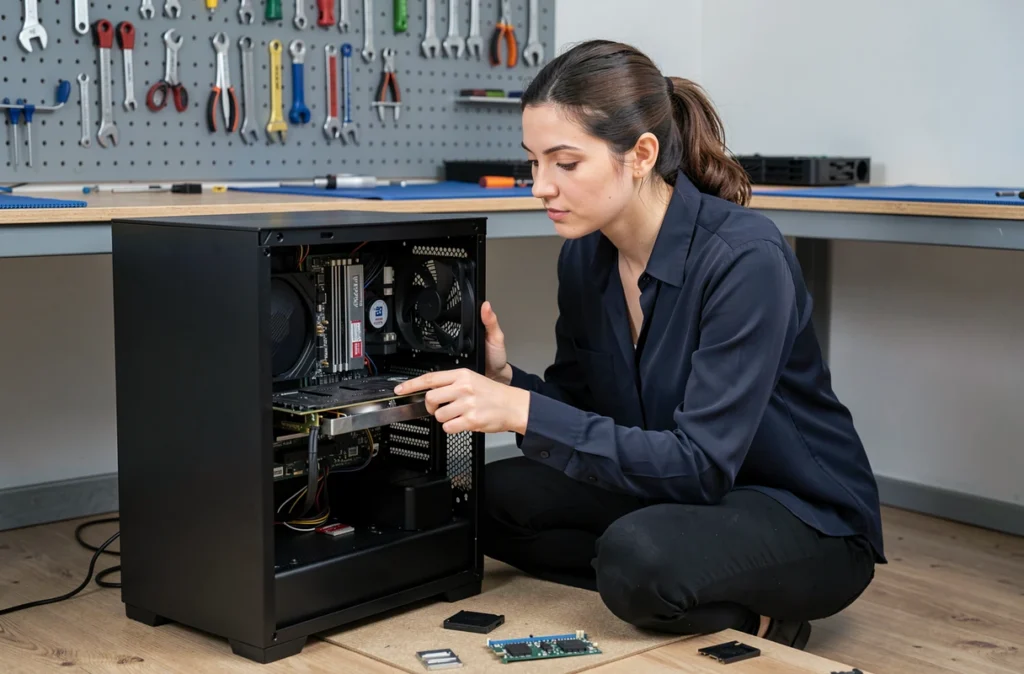 Technicienne inspectant les composants internes d'un PC pour diagnostiquer un conflit de pilotes matériels