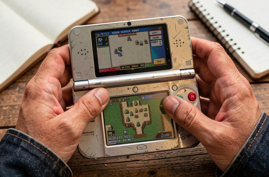 Gros plan de mains tenant une Nintendo DS avec un jeu Pokémon affiché sur l'écran, carnet de notes en arrière-plan pour optimiser les paramètres