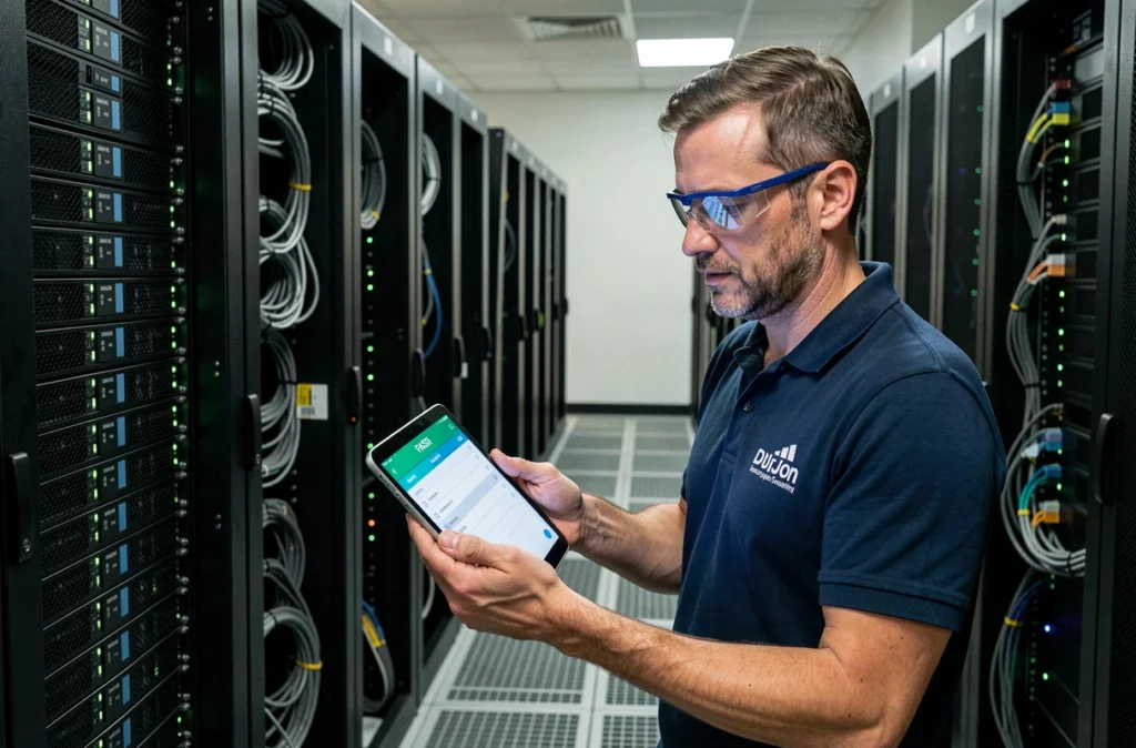 Ingénieur d'Ineo Infracom réalisant un audit PASSI dans une salle serveurs à Dijon avec tablette de contrôle