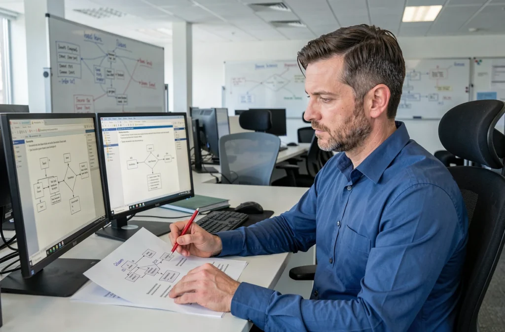 Ingénieur logiciel d'Infotel à Orléans révisant des diagrammes d'architecture logicielle et d'IA sur ses écrans