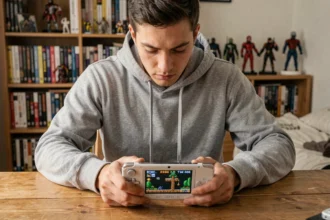 Jeune homme jouant à un jeu RPG sur une console Nintendo DS dans une chambre de gamer, paramètres de jeu affichés à l'écran