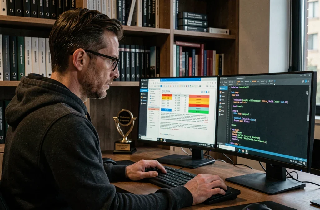 Expert cybersécurité de Kincy analysant un rapport de test d'intrusion sur un double écran dans un bureau moderne