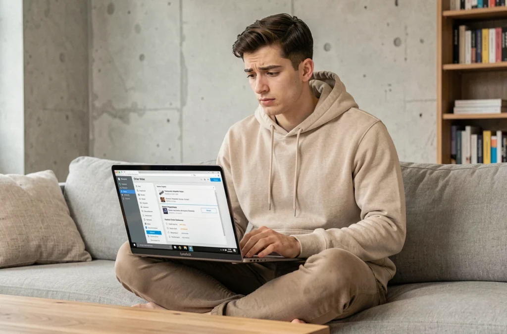 Jeune homme consultant un gestionnaire de pilotes sur son ordinateur portable pour résoudre un conflit après mise à jour