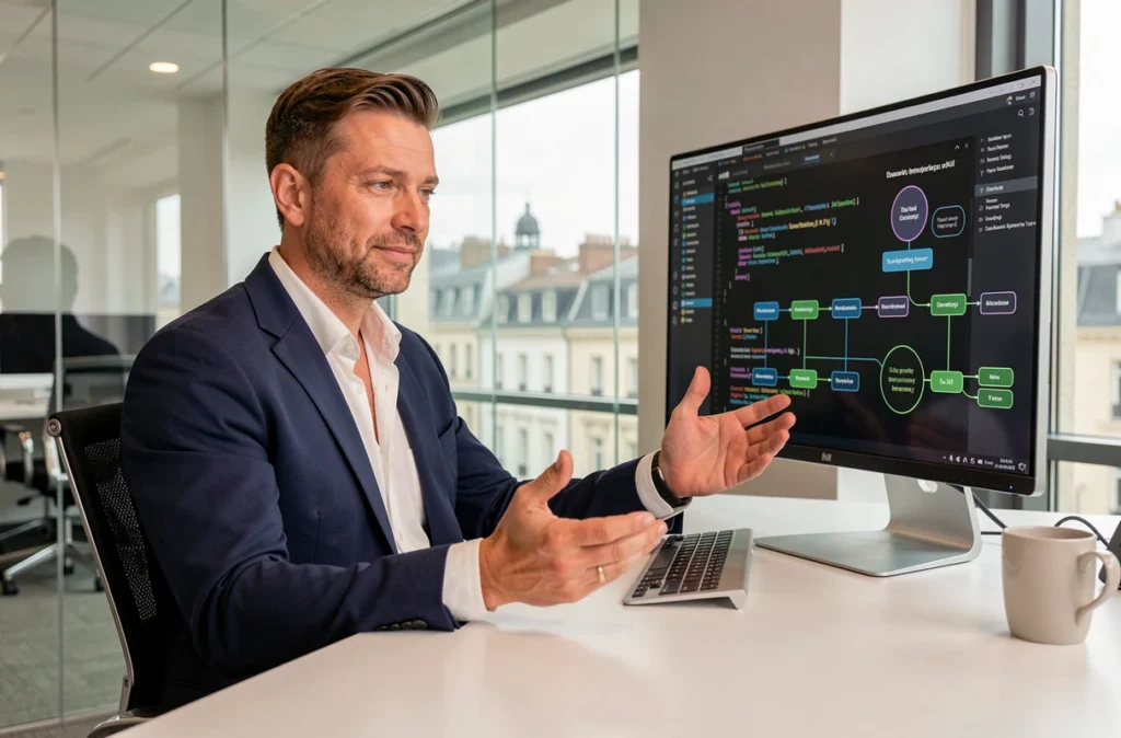 Consultant en intelligence artificielle de l'agence Novelis à Tours travaillant sur une stratégie IA devant un écran de code