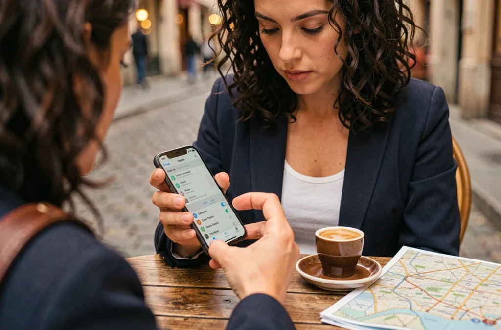 Femme configurant un numéro masqué sur son téléphone portable dans un café en Europe