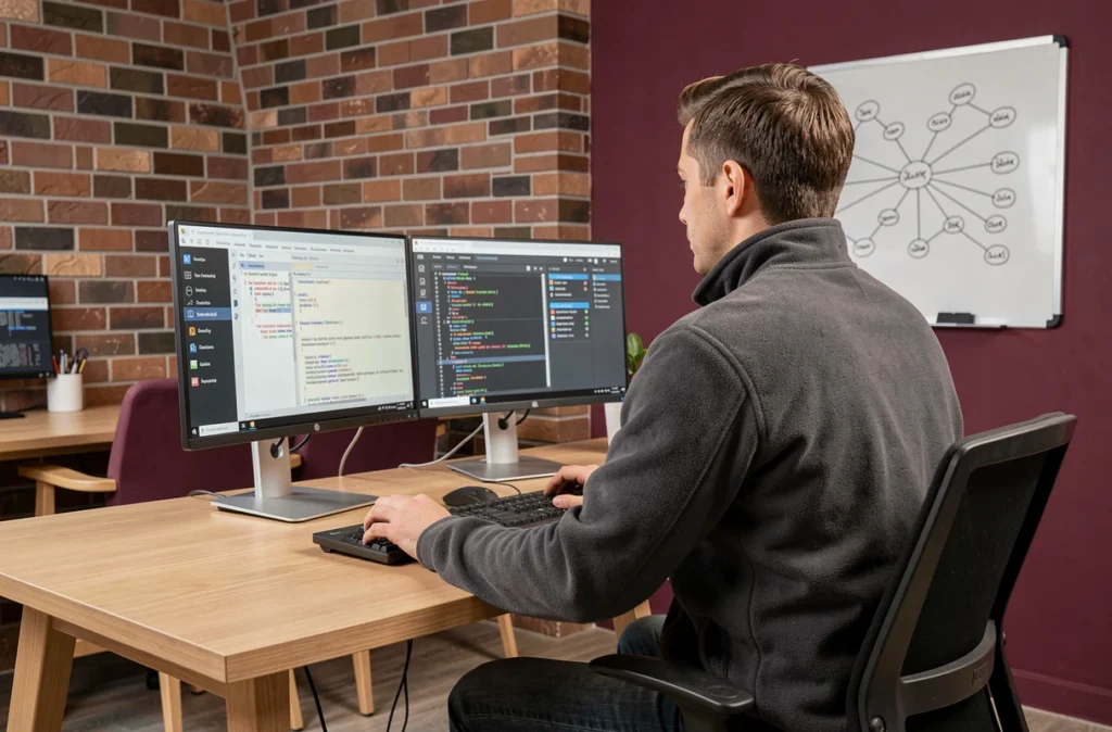Technicien de Sérénitique optimisant et sécurisant un système informatique depuis son poste de travail en Bourgogne