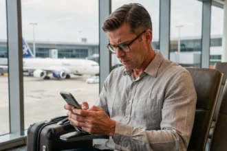 Homme envoyant un SMS masqué depuis son smartphone dans un aéroport avant un voyage à l'étranger