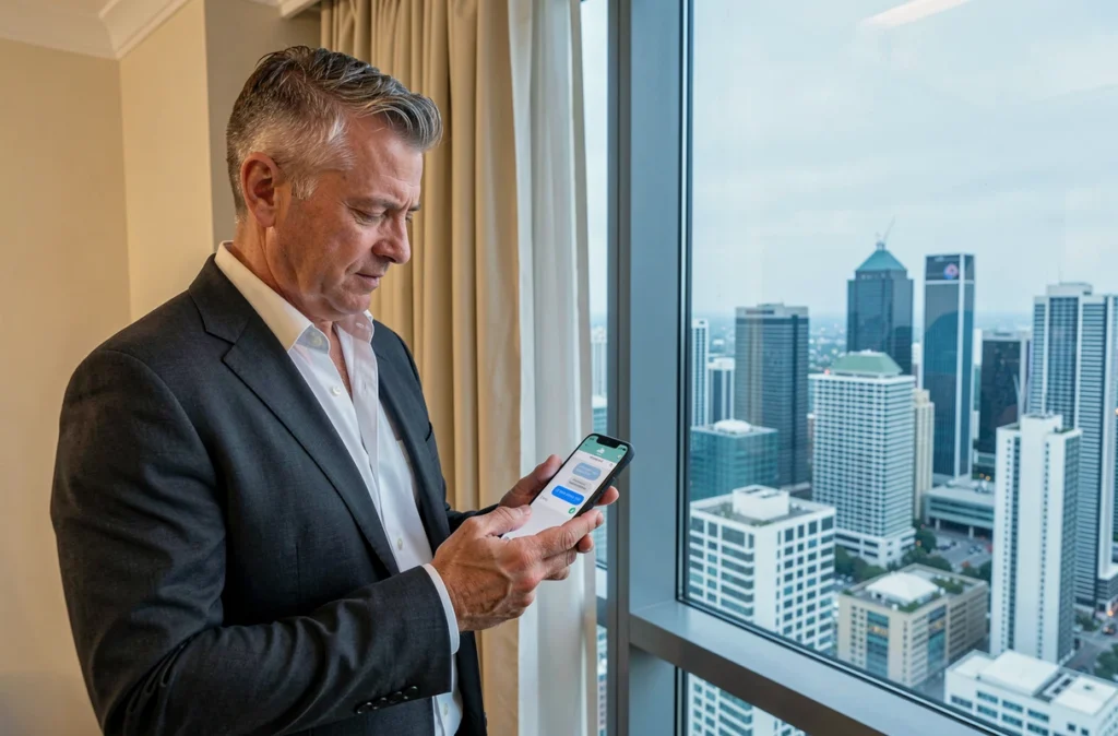 Homme d'affaires utilisant un SMS en numéro masqué depuis sa chambre d'hôtel à l'étranger