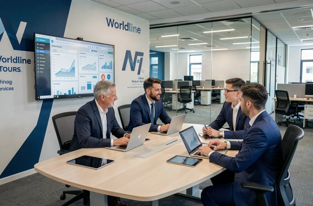 Équipe de Worldline à Tours collaborant autour de tableaux de bord de services numériques et d'intelligence artificielle