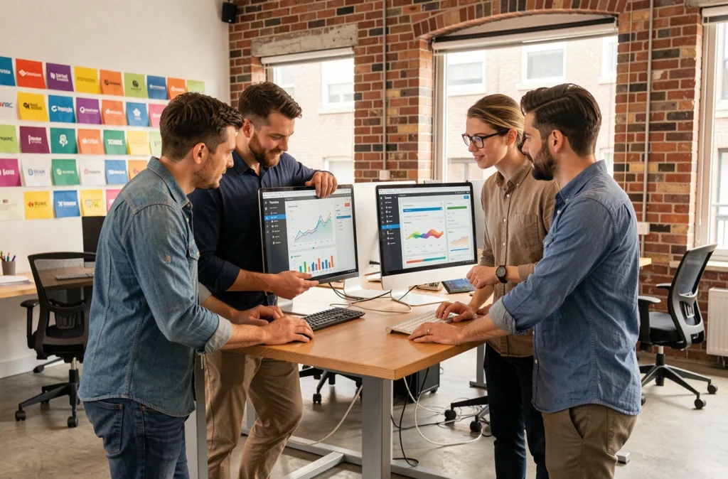 Équipe de stratèges digitaux de Yumens à Tours analysant une stratégie IA et marketing sur des écrans