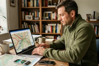 Homme utilisant un logiciel de fusion de traces GPX sur ordinateur portable avec cartes topographiques
