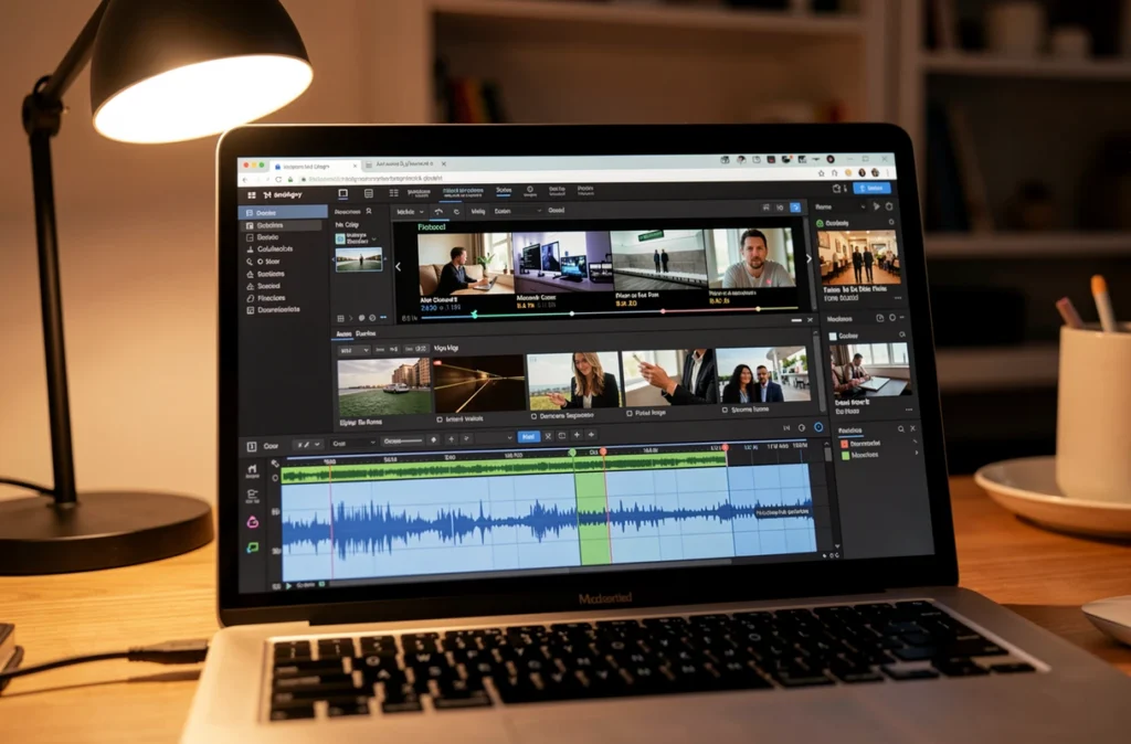 Logiciel de montage affichant une piste vidéo et des formes d'onde audio