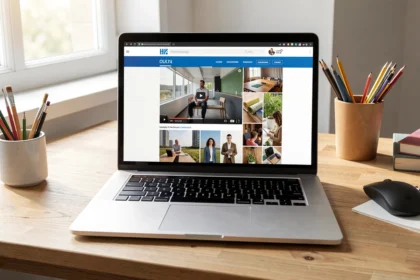 Poste de travail avec une page web mêlant lecteur vidéo et galerie d'images