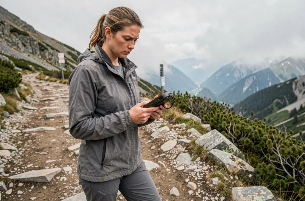 Randonneuse consultant un GPS sur sentier de montagne pour fusionner et vérifier des traces GPX