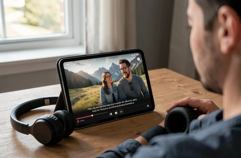 Tablette diffusant une vidéo avec des sous-titres affichés